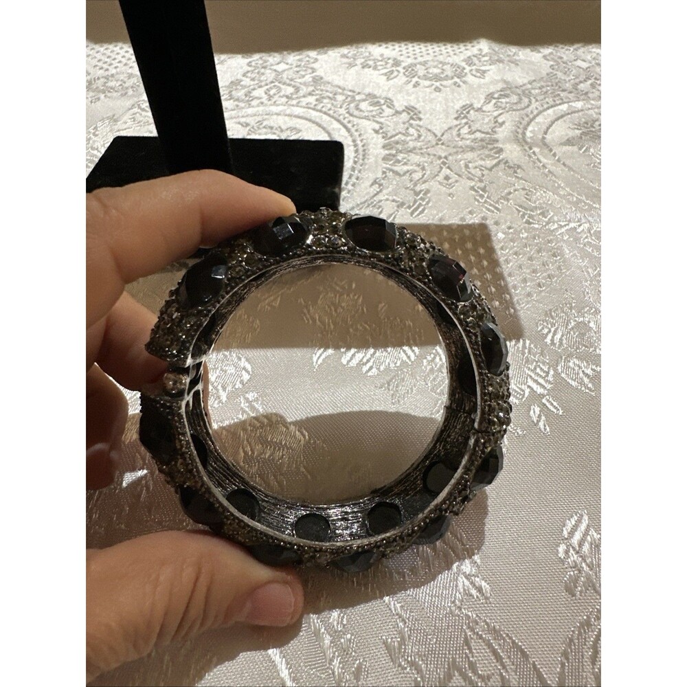 Silver Tone Black Clear Faceted Rhinestones Cuff Bracelet Handcrafted Artisan - Picture 6 of 15